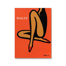 Load image into Gallery viewer, Bally Vintage Fashion Canvas Art Prints by Allthingscurated is a collection of bold and inspiring prints celebrating the Swiss luxury brand known for its men’s and women’s fashion and accessories. These unique art pieces are perfect for the fashionista’s dressing room or elegant living room. Featured here is the Cross Legged Lady print.