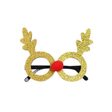 Load image into Gallery viewer, These Christmas Party Glasses by Allthingscurated are the perfect fun accessory for festive parties and gatherings during the holiday season. Their unique design and cheerful holiday style make them great props for creating memorable moments an happy Instagram posts to capture the joy of the season. Featured here is Gold Rudolph design.