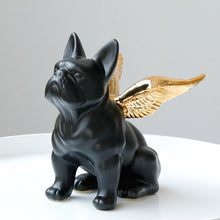 Load image into Gallery viewer, Angle Wings French Bulldog in black and gold ceramic from Allthingscurated.  Measuring 21cm or 8 inches in height, 14cm or 5.5 inches in length and 11cm or 4.3 inches in width.
