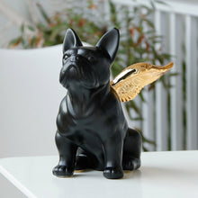 Load image into Gallery viewer, Angle Wings French Bulldog in black and gold ceramic from Allthingscurated.  Measuring 21cm or 8 inches in height, 14cm or 5.5 inches in length and 11cm or 4.3 inches in width.