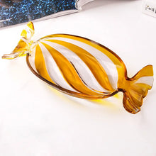 Load image into Gallery viewer, Peppermint Candy Glass Dish by Allthingscurated is a charming and beautiful dish inspired by the signature red and white peppermint candy cane synonymous with Christmas. Perfect as a serveware for your festive treats and also functional as a decorative tray for your coffee table. Measuring 34cm or 13 inches long, 15cm or 6 inches wide and 4cm or 1.6 inches high. Featured here is a dish with amber stripes.