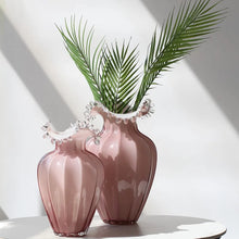 Load image into Gallery viewer, Anais Pink Beaded Vases by Allthingscurated are crafted from handblown glasses. Featuring a curvaceous body with an asymmetrical beaded rim that flares back like a collar.  Its captivating shape and romantic pink hue makes it a statement piece and a glamorous addition to your vase collection. Available in small and large size.