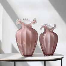 Load image into Gallery viewer, Anais Pink Beaded Vases by Allthingscurated are crafted from handblown glasses. Featuring a curvaceous body with an asymmetrical beaded rim that flares back like a collar.  Its captivating shape and romantic pink hue makes it a statement piece and a glamorous addition to your vase collection. Available in small and large size.