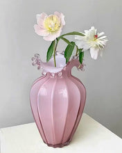 Load image into Gallery viewer, Anais Pink Beaded Vases by Allthingscurated are crafted from handblown glasses. Featuring a curvaceous body with an asymmetrical beaded rim that flares back like a collar.  Its captivating shape and romantic pink hue makes it a statement piece and a glamorous addition to your vase collection. Available in small and large size.