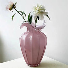 Load image into Gallery viewer, Anais Pink Beaded Vases by Allthingscurated are crafted from handblown glasses. Featuring a curvaceous body with an asymmetrical beaded rim that flares back like a collar.  Its captivating shape and romantic pink hue makes it a statement piece and a glamorous addition to your vase collection. Available in small and large size.