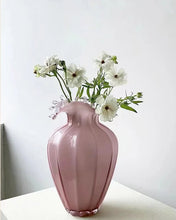 Load image into Gallery viewer, Anais Pink Beaded Vases by Allthingscurated are crafted from handblown glasses. Featuring a curvaceous body with an asymmetrical beaded rim that flares back like a collar.  Its captivating shape and romantic pink hue makes it a statement piece and a glamorous addition to your vase collection. Available in small and large size.