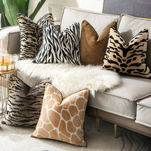 Load image into Gallery viewer, Glamorous Animal Prints Cushion Covers by Allthingscurated featured 6 animal print designs in tiger stripes, cheetah spots, zebra stripes and giraffe print. In a neutral palette and warm texture that work well with a variety of decorating styles. Timeless and chic, they are the perfect accessories to dress up with home with a wow factor. Comes in 2 square sizes of 45 by 45cm or 17.5 by 17.5 inches or 50 by 50cm or 19.5 by 19.5 inches.