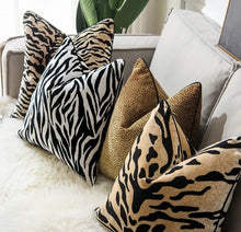 Load image into Gallery viewer, Glamorous Animal Prints Cushion Covers by Allthingscurated featured 6 animal print designs in tiger stripes, cheetah spots, zebra stripes and giraffe print. In a neutral palette and warm texture that work well with a variety of decorating styles. Timeless and chic, they are the perfect accessories to dress up with home with a wow factor. Comes in 2 square sizes of 45 by 45cm or 17.5 by 17.5 inches or 50 by 50cm or 19.5 by 19.5 inches.