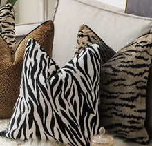 Load image into Gallery viewer, Glamorous Animal Prints Cushion Covers by Allthingscurated featured 6 animal print designs in tiger stripes, cheetah spots, zebra stripes and giraffe print. In a neutral palette and warm texture that work well with a variety of decorating styles. Timeless and chic, they are the perfect accessories to dress up with home with a wow factor. Comes in 2 square sizes of 45 by 45cm or 17.5 by 17.5 inches or 50 by 50cm or 19.5 by 19.5 inches.