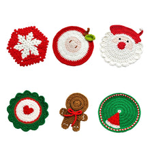 Load image into Gallery viewer, This is a set of 6 assorted crochet coasters featuring Santa Claus, Snowflake, Heart, Santa Hat, Gingerbread Man and Apple designs.