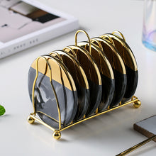 Load image into Gallery viewer, Black and Gold Marble Ceramic Coasters (set of 6 with holder)