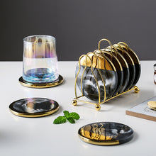 Load image into Gallery viewer, Black and Gold Marble Ceramic Coasters (set of 6 with holder)