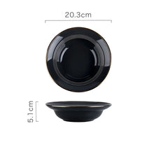 Load image into Gallery viewer, Kovan Ceramic Pasta/Soup Bowl by Allthingscurated is a stylish and functional bowl that offers versatility and practicality in usage. Perfectly sized for pasta, soups, stews, desserts and more. It’s a must-have addition to your dinnerware collection for all occasions from formal dining to everyday casual meals. Featured here is our Kovan Pasta Bowl in black with gold rim.