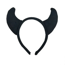 Load image into Gallery viewer, Horn Shape Headband by Allthingscurated features trendy, three-dimensional horns that is fun and perfect for elevating your Halloween party look. This accessory is perfect for adding a playful touch to your costume and make a statement at any Halloween party. Comes in 3 colors. Featured here is the Black headband.