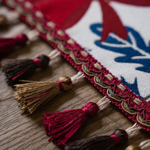 Load image into Gallery viewer, Holiday Bow and Elk Table Runners by Allthingscurated are inspired by all the notable symbols of Christmas like the merry bow, Christmas tree, elk and snowflakes. The jacquard table runners come in vibrant hues of blue and green with beautiful embroidery and complete with pretty tassels. Available in 9 sizes. They are perfect holiday decoration to bring a festive touch to. Your table setting.
