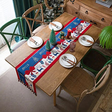 Load image into Gallery viewer, Holiday Bow and Elk Table Runners by Allthingscurated are inspired by all the notable symbols of Christmas like the merry bow, Christmas tree, elk and snowflakes. The jacquard table runners come in vibrant hues of blue and green with beautiful embroidery and complete with pretty tassels. Available in 9 sizes. They are perfect holiday decoration to bring a festive touch to. Your table setting.