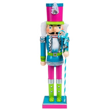 Load image into Gallery viewer, Neon Costume Nutcracker Soldiers by Allthingscurated. These Nutcracker figures sport a psychedelic look with electric shades of Neon Blue, Green and Pink which is a daring and bold twist from the usual classic-style Nutcracker design. Their eye-catching colors and design will create a show-stopping look for your Christmas decor, making it truly unforgettable. Featured here is the Neon Blue Soldier.