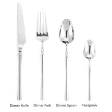 Load image into Gallery viewer, Bright Silver Stainless Steel flatware by Allthingscurated crafted from high-quality stainless steel with a forged construction ensures durability.  It has a bright silver mirror finish that will add a touch of elegance to any meal.  This is a 4 piece set consisting of 1 Dinner Knife, 1 Dinner Fork, 1 Dinner Spoon and 1  Teaspoon.