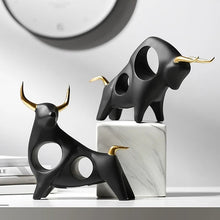 Load image into Gallery viewer, Brooklyn Bull Sculptures by Allthingscurated capture the elegance and dramatic aura of the auspicious animal in a sleek, modern design with matte black finish and gold-accented horns. A visually-appealing and timeless collection, it’s a fashionable piece to add to any contemporary home and spaces. And perfect as a gift for those with a Taurus horoscope or Chinese Ox zodiac sign.