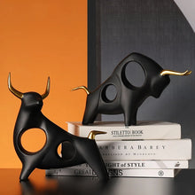 Load image into Gallery viewer, Brooklyn Bull Sculptures by Allthingscurated capture the elegance and dramatic aura of the auspicious animal in a sleek, modern design with matte black finish and gold-accented horns. A visually-appealing and timeless collection, it’s a fashionable piece to add to any contemporary home and spaces. And perfect as a gift for those with a Taurus horoscope or Chinese Ox zodiac sign.