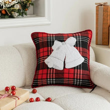 Load image into Gallery viewer, Tartan Christmas Cushion Covers by Allthingscurated spots classic tartan print with embroidered snowflake, jingle bell and holiday greetings. Timeless and stylish, these covers are easy to mix and match with other solid-colored or festive pillows. They are perfect for creating a festive ensemble for your sofa or favorite couch to experience the magic of the holiday season.