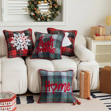 Load image into Gallery viewer, Tartan Christmas Cushion Covers by Allthingscurated spots classic tartan print with embroidered snowflake, jingle bell and holiday greetings. Timeless and stylish, these covers are easy to mix and match with other solid-colored or festive pillows. They are perfect for creating a festive ensemble for your sofa or favorite couch to experience the magic of the holiday season.
