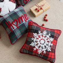 Load image into Gallery viewer, Tartan Christmas Cushion Covers by Allthingscurated spots classic tartan print with embroidered snowflake, jingle bell and holiday greetings. Timeless and stylish, these covers are easy to mix and match with other solid-colored or festive pillows. They are perfect for creating a festive ensemble for your sofa or favorite couch to experience the magic of the holiday season.