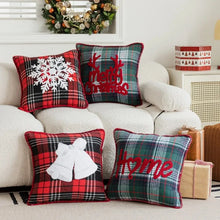Load image into Gallery viewer, Tartan Christmas Cushion Covers by Allthingscurated spots classic tartan print with embroidered snowflake, jingle bell and holiday greetings. Timeless and stylish, these covers are easy to mix and match with other solid-colored or festive pillows. They are perfect for creating a festive ensemble for your sofa or favorite couch to experience the magic of the holiday season.