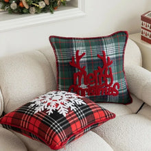 Load image into Gallery viewer, Tartan Christmas Cushion Covers by Allthingscurated spots classic tartan print with embroidered snowflake, jingle bell and holiday greetings. Timeless and stylish, these covers are easy to mix and match with other solid-colored or festive pillows. They are perfect for creating a festive ensemble for your sofa or favorite couch to experience the magic of the holiday season.