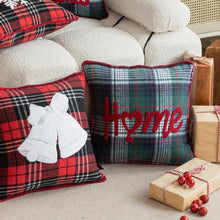 Load image into Gallery viewer, Tartan Christmas Cushion Covers by Allthingscurated spots classic tartan print with embroidered snowflake, jingle bell and holiday greetings. Timeless and stylish, these covers are easy to mix and match with other solid-colored or festive pillows. They are perfect for creating a festive ensemble for your sofa or favorite couch to experience the magic of the holiday season.