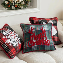 Load image into Gallery viewer, Tartan Christmas Cushion Covers by Allthingscurated spots classic tartan print with embroidered snowflake, jingle bell and holiday greetings. Timeless and stylish, these covers are easy to mix and match with other solid-colored or festive pillows. They are perfect for creating a festive ensemble for your sofa or favorite couch to experience the magic of the holiday season.