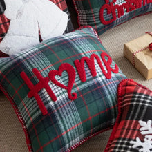 Load image into Gallery viewer, Tartan Christmas Cushion Covers by Allthingscurated spots classic tartan print with embroidered snowflake, jingle bell and holiday greetings. Timeless and stylish, these covers are easy to mix and match with other solid-colored or festive pillows. They are perfect for creating a festive ensemble for your sofa or favorite couch to experience the magic of the holiday season.