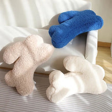 Load image into Gallery viewer, Cozy Teddy Bunny Pillow by Allthingscurated shaped like a cute bunny is sewn from soft, fluffy teddy fabric. The hug pillow is cute, cuddly and oh-so-cozy. Its playful shape will bring a quirky charm to any room. Available in white, sand, red and blue.