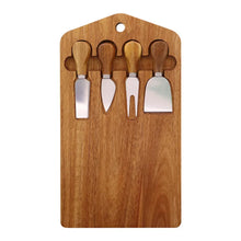Load image into Gallery viewer, This 5-piece Magnetic Wood Cheese Board Set by Allthingscurated is crafted from Acacia wood and comes with 4 pieces of essential cheese tools. It’s a well-organized and cleverly-designed set featuring magnets on the board to hold all the tools securely for convenient storage. This set is the ultimate gift for house-warming and cheese lovers. Tools include a cheese fork, a flat cheese knife, a spade knife and a narrow plane knife.