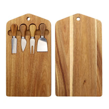 Load image into Gallery viewer, This 5-piece Magnetic Wood Cheese Board Set by Allthingscurated is crafted from Acacia wood and comes with 4 pieces of essential cheese tools. It’s a well-organized and cleverly-designed set featuring magnets on the board to hold all the tools securely for convenient storage. This set is the ultimate gift for house-warming and cheese lovers. Tools include a cheese fork, a flat cheese knife, a spade knife and a narrow plane knife.