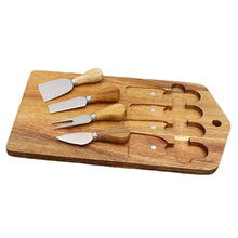 Load image into Gallery viewer, This 5-piece Magnetic Wood Cheese Board Set by Allthingscurated is crafted from Acacia wood and comes with 4 pieces of essential cheese tools. It’s a well-organized and cleverly-designed set featuring magnets on the board to hold all the tools securely for convenient storage. This set is the ultimate gift for house-warming and cheese lovers. Tools include a cheese fork, a flat cheese knife, a spade knife and a narrow plane knife.