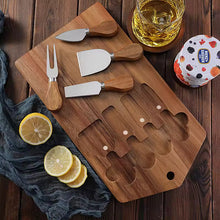 Load image into Gallery viewer, This 5-piece Magnetic Wood Cheese Board Set by Allthingscurated is crafted from Acacia wood and comes with 4 pieces of essential cheese tools. It’s a well-organized and cleverly-designed set featuring magnets on the board to hold all the tools securely for convenient storage. This set is the ultimate gift for house-warming and cheese lovers. Tools include a cheese fork, a flat cheese knife, a spade knife and a narrow plane knife.