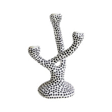 Load image into Gallery viewer, Whimsical Polka Dot Ceramic Candelabra by Allthingscurated combines abstract design with a touch of quirkiness, making it an aesthetically-pleasing piece for any modern and stylish homes. Perfect for lighting up your space with a touch of charm and personality; or as a decorative piece on its own.