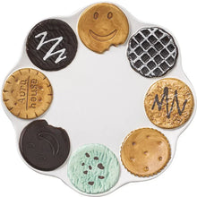 Load image into Gallery viewer, The Waffle Cup and Plate collection by Allthingscurated features a charming waffle pattern and whimsical biscuit design that will bring a smile to your breakfast. Each piece is hand painted on porcelain. Perfect for breakfast and tea time. Makes a great gift for any occasion. Cup and plate each comes in 4 designs to choose from. Featured here is scallop edged plate with colorful biscuits design.