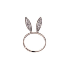 Load image into Gallery viewer, These sparkling Bunny Ear Napkin Rings (set of 6) by Allthingscurated add a cute and whimsical touch to your Easter table setting. Made of metal and encrusted with rhinestones, they come in gold, silver, and rose gold. Elevate your dining experience with these charming and sparkly napkin rings. Featured here is the Silver set.