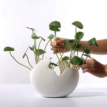 Load image into Gallery viewer, Egg Shell Decorative Pots by Allthingscurated spot an unconventional, egg shape design that looks aesthetically beautiful on its own as an ornamental piece, or full of character as a plant pot for your favorite botanicals. Made of ceramic and comes in 3 different sizes.