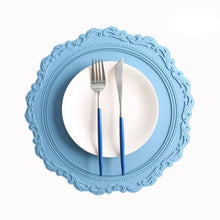 Load image into Gallery viewer, Embossed Lace Round Silicone Placemat by Allthingscurated are expertly crafted from high-quality, food-grade silicone. Available in 7 trendy colors with an embossed lace pattern, this placemat adds texture and charm to your dining table, making your meals more presentable effortlessly stylish.