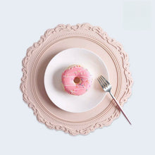 Load image into Gallery viewer, Embossed Lace Round Silicone Placemat by Allthingscurated are expertly crafted from high-quality, food-grade silicone. Available in 7 trendy colors with an embossed lace pattern, this placemat adds texture and charm to your dining table, making your meals more presentable effortlessly stylish.