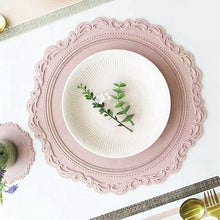 Load image into Gallery viewer, Embossed Lace Round Silicone Placemat by Allthingscurated are expertly crafted from high-quality, food-grade silicone. Available in 7 trendy colors with an embossed lace pattern, this placemat adds texture and charm to your dining table, making your meals more presentable effortlessly stylish.