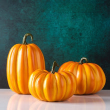 Load image into Gallery viewer, Faux Pumpkins Decor by Allthingscurated. These charming and realistic ornamental pumpkins come in 3 sizes. Perfect for your holidays and fall decoration, making your home extra cozy and warm this Thanksgiving and Halloween.