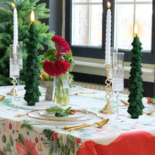 Load image into Gallery viewer, Flameless Christmas Tree LED Candles by Allthingscurated are crafted from paraffin wax to mimic real candles. Battery-operated with a remote control provided, these taper candles light up your holiday season with the flickering warm glow from the LED bulb without the fire hazard. Comes in a set of 4.