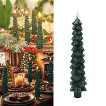Load image into Gallery viewer, Flameless Christmas Tree LED Candles by Allthingscurated are crafted from paraffin wax to mimic real candles. Battery-operated with a remote control provided, these taper candles light up your holiday season with the flickering warm glow from the LED bulb without the fire hazard. Comes in a set of 4.