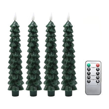 Load image into Gallery viewer, Flameless Christmas Tree LED Candles by Allthingscurated are crafted from paraffin wax to mimic real candles. Battery-operated with a remote control provided, these taper candles light up your holiday season with the flickering warm glow from the LED bulb without the fire hazard. Comes in a set of 4.