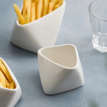 Load image into Gallery viewer, Porcelain French Fries Snack Bowl by Allthingscurated is inspired by the classic design of the French fries food packaging. Perfect for serving fries, the stylish and functional bowl makes your French fries look top-notch when dining at home with steak frites; and add a touch of flair to your casual meals. Come in 2 sizes.