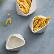 Load image into Gallery viewer, Porcelain French Fries Snack Bowl by Allthingscurated is inspired by the classic design of the French fries food packaging. Perfect for serving fries, the stylish and functional bowl makes your French fries look top-notch when dining at home with steak frites; and add a touch of flair to your casual meals. Come in 2 sizes.